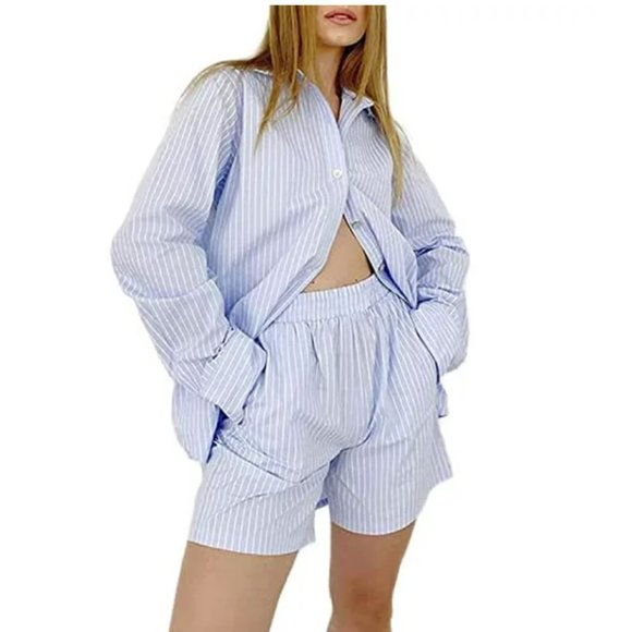 Blue Striped 2-Piece Long Sleeve Shorts Set - Size Small - NWT - Picture 2 of 6